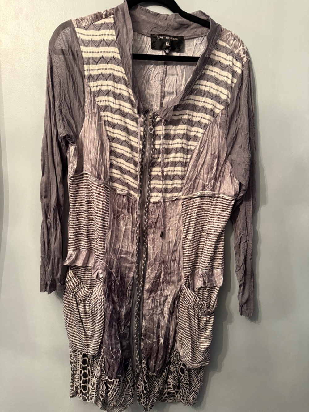 Long Sleeve Gray Striped Tie-Dye Tunic Cardigan